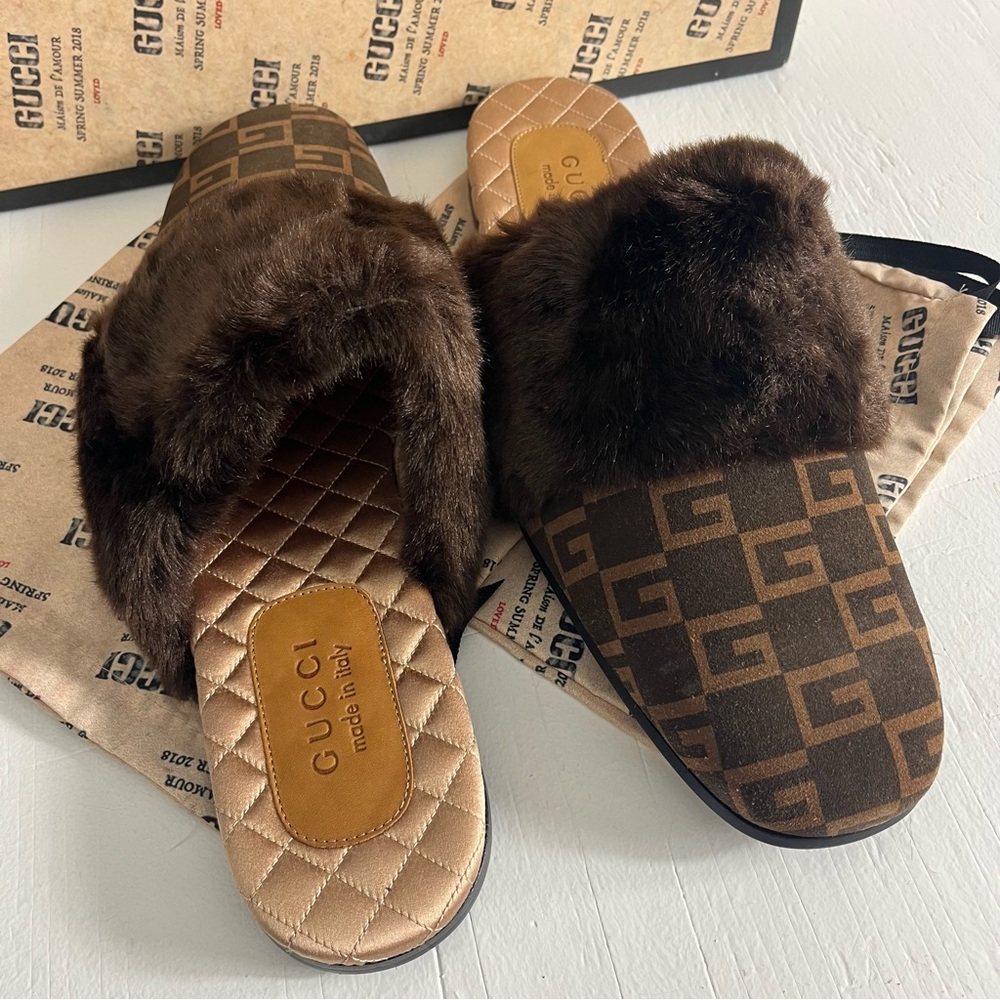 Gucci Men's Lawrence Faux Fur Suede GG Logo Slides Size 12 Chocolate Brown - Picture 3 of 13